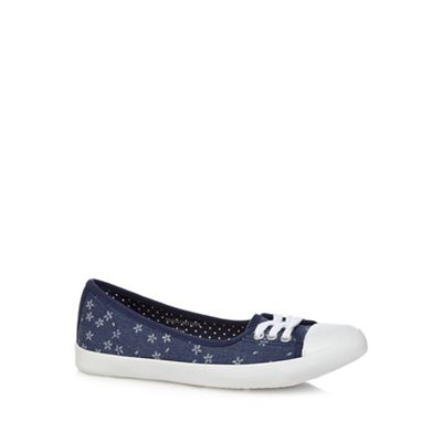 Navy chambray floral print flat slip-on shoes